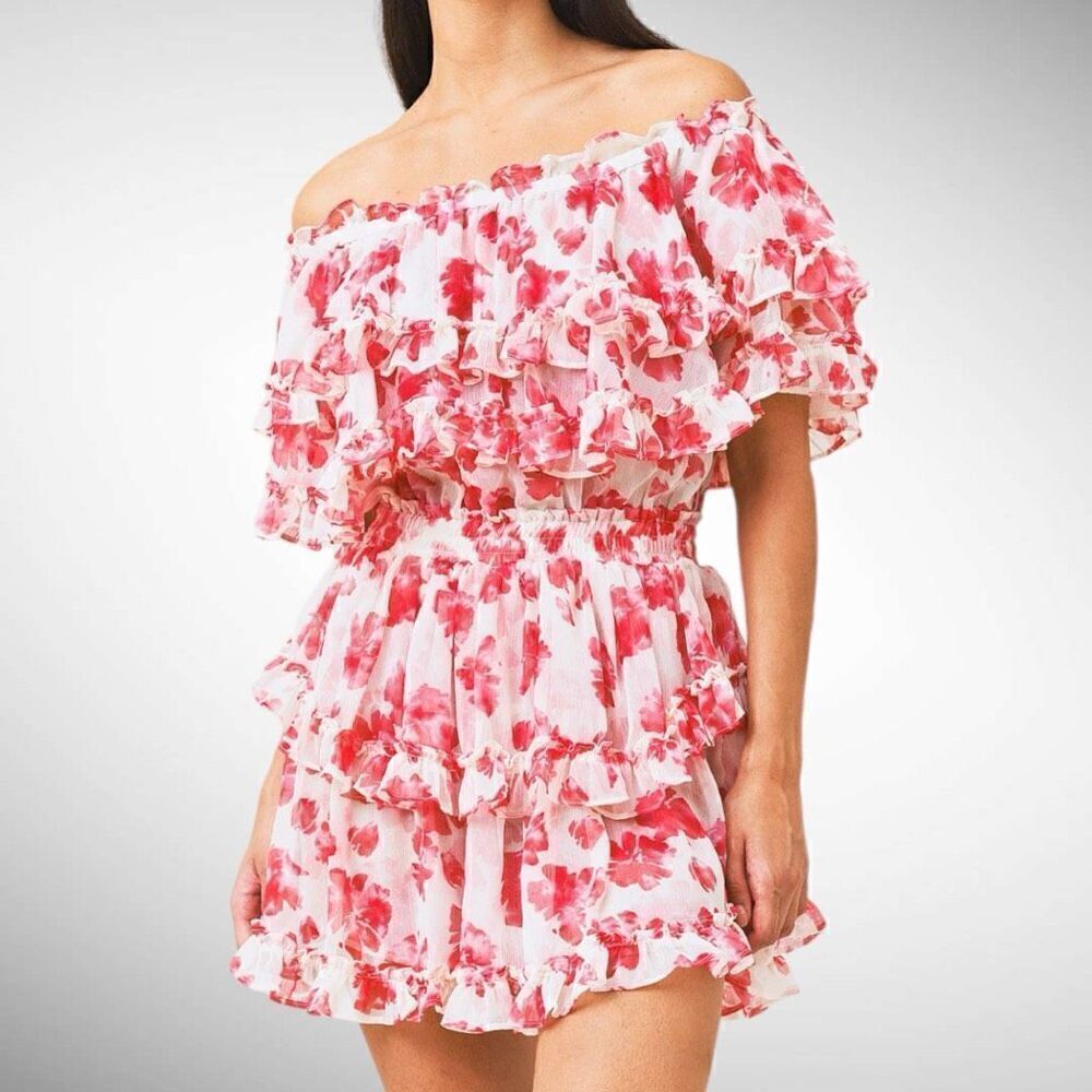 Misa Los Angeles Isella In Watermelon Blossom Floral Off The Shoulder Dress Size
